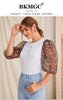 BKMGC White Women Blouse Slim Fit Half Puff See-Through Foral Flowers Print Chiffon Sleeves O Neck Autumn Pullover Shirt #5022