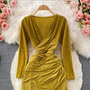 2023 Dress V-neck Long Sleeves Waist Fold MIDI Elegant Sexy Women's Yellow Black Green Evening Dress