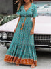 Women Elegant V-Neck Button Design Long Dress Floral Printing Summer Beach Party Dresses Casual Short Sleeve Maxi Dress