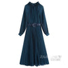 ZAAHO2023 Spring Autumn Women Vintage Pleated Midi Dress Casual With Belt Long Sleeve Elegant Party Dresses Ladies