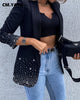 CM.YAYA Women Diamonds Drill Splicing Black Notched Neck Blazer for 2023 Spring Streetwear Outcoat