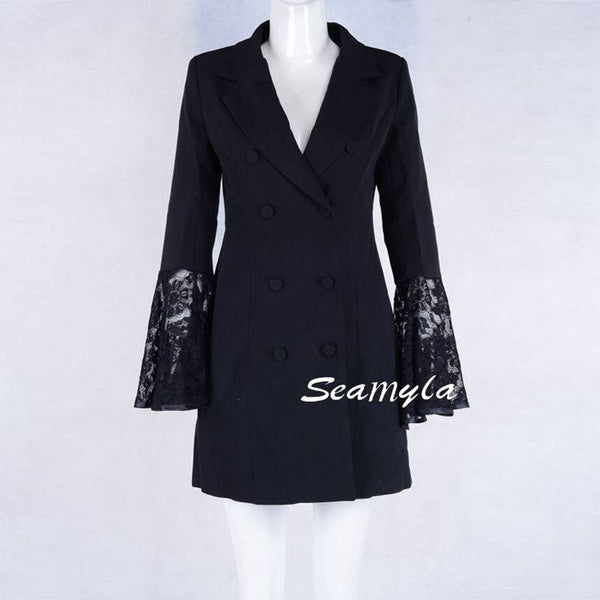 2022 New Winter Blazers Double Breasted Notched Lace Flare Sleeve Women Blazer Slim Fashion Designer Runway Jackets