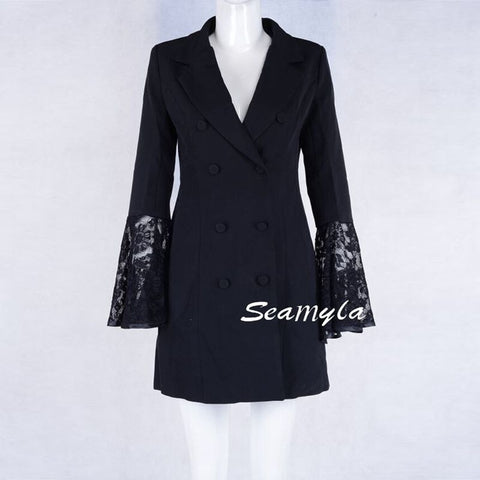 2022 New Winter Blazers Double Breasted Notched Lace Flare Sleeve Women Blazer Slim Fashion Designer Runway Jackets