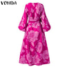 Bohemian Dress VONDA 2023 Spring Women Long Lantern Sleeve Maxi Dresses Pleated Printed Baggy Bow Party Beach Vestidos Oversized