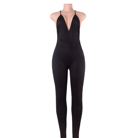 Sleeveless Elegant Jumpsuit Fashion Bodycon Deep V neck Halter Cross Suede Sexy Club Jumpsuits and Rompers for Women