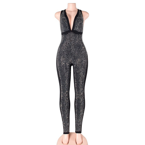 fashion black halter deep v neck sexy sleeveless rompers jumpsuit diamond decoration skinny bodycon jumpsuits for women