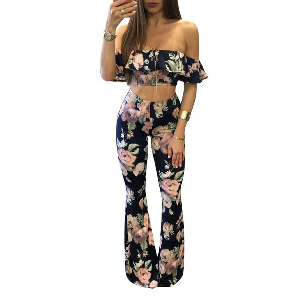 ruffles off the shoulder printed two piece women rompers jumpsuit crop top and long pants wide leg sexy jumpsuit