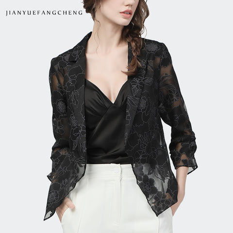 See Through Burn-Out Flower Organza Blazer Women Short Loose Unbuttoned Outwear Summer Sun Protection Lightweight Casual Coat