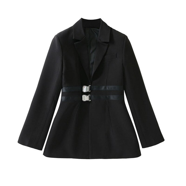 SeeBeautiful Casual Stitching Ribbon Buckle Waist Loose Blazer Coat Notched Long Sleeve 2022 Spring Women E013