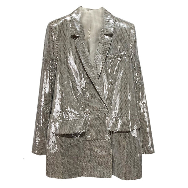 SeeBeautiful 2023 Autumn Winter Sequin Notched Long Sleeve Double Breasted Pockets Loose Coat Single Suit Woman Q579