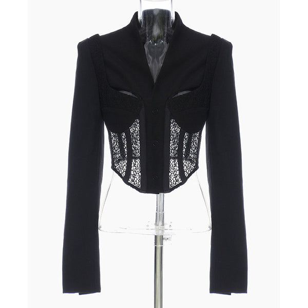 SeeBeautiful Simple V-neck Long Sleeve Hollow Out Lace Spliced Loose Blazer Coat Woman Spring 2023 Tide T068