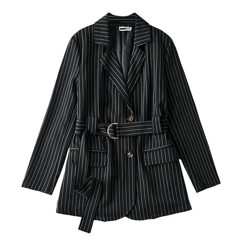SeeBeautiful Striped Belt Casual Loose Blazer Coat Notched Long Sleeve Single Breasted Pocket 2022 Spring Women E020
