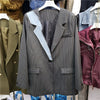 SeeBeautiful Striped Stitching Denim Loose Blazer Coat Notched Long Sleeve Single Button 2023 Autumn Woman Tide Q683