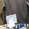 SeeBeautiful Striped Stitching Denim Loose Blazer Coat Notched Long Sleeve Single Button 2023 Autumn Woman Tide Q683