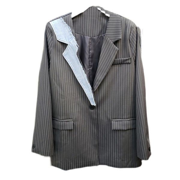 SeeBeautiful Striped Stitching Denim Loose Blazer Coat Notched Long Sleeve Single Button 2023 Autumn Woman Tide Q683