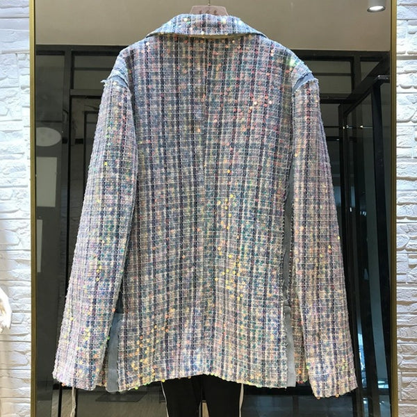 Sequin Designer Hole Ripped Jacket Women Single Button Loose Blazer Streetwear Hip Hop Long Sleeve Outerwear Female