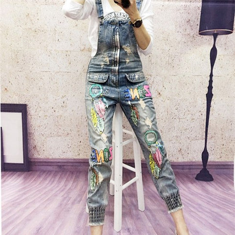 Sequin Letter Jumpsuit Quality Rompers Denim Overalls Women Femme Elegant Jumpsuit Jeans Pants Women's Trousers