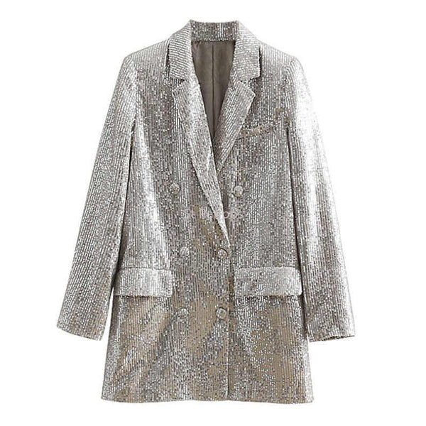 Sequin Suit Women 2023 Personality Street Style BlingBling Temperament Double-breasted Asymmetric Mid-length Suit