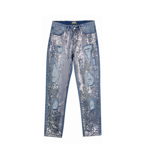 Sequin jeans woman sexy plus size vintage mid waist hole mom boyfriend ripped jeans for women's jeans distressed denim pants