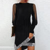 Sequins Dress Women's Sexy O-neck Mesh Long Sleeve Irregular Mini Dress Autumn Elegant Solid Slim Party Dresses Robe Vestidos