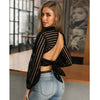 Sexy Backless Bandage Blouses Women Mesh Sheer Black Stripe Shirts See Through Hollow Long Sleeve Top High Neck Casual Crop Tops