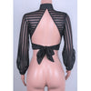 Sexy Backless Bandage Blouses Women Mesh Sheer Black Stripe Shirts See Through Hollow Long Sleeve Top High Neck Casual Crop Tops