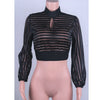 Sexy Backless Bandage Blouses Women Mesh Sheer Black Stripe Shirts See Through Hollow Long Sleeve Top High Neck Casual Crop Tops