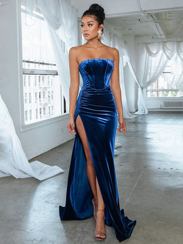 Sexy Backless Corset High Slit Elegant Velvet Evening Gown Dress Women 2023 Solid Party Club Formal Long Maxi Dresses