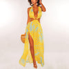 Sexy Backless Haler Bandage Women Maxi Dress Colorful Print V-Neck Slit Lady Beach Dress Summer Femme Streetwear Party Vestido