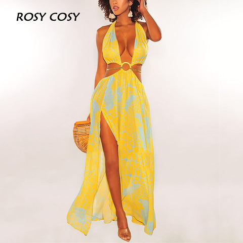 Sexy Backless Haler Bandage Women Maxi Dress Colorful Print V-Neck Slit Lady Beach Dress Summer Femme Streetwear Party Vestido