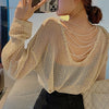 Sexy Backless Hollow Cross Pearl Knit Pullovers European Women 2023 Spring Fall Long Sleeve Sweater Clothing Sweet Girl