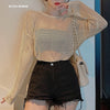 Sexy Backless Hollow Cross Pearl Knit Pullovers European Women 2023 Spring Fall Long Sleeve Sweater Clothing Sweet Girl