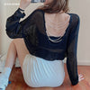 Sexy Backless Hollow Cross Pearl Knit Pullovers European Women 2023 Spring Fall Long Sleeve Sweater Clothing Sweet Girl