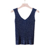Sexy Backless Knitted Tank Tops Women Club Silver Thread V-neck Vest Elegant Back Bandage Elasticity Casual Tops Female 2022