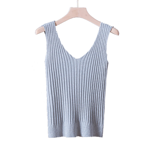 Sexy Backless Knitted Tank Tops Women Club Silver Thread V-neck Vest Elegant Back Bandage Elasticity Casual Tops Female 2022