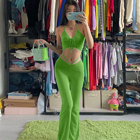 Sexy Bandage Tops Long Pants Sets Women Halter Top Trouser Two-Piece Suit Y2K Summer Backless Vest Slim Pants Suit
