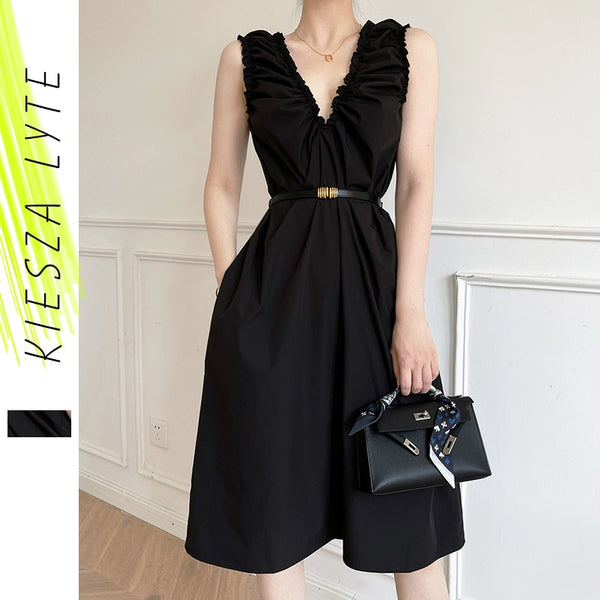 Sexy Black Dress Summer V Neck Sleeveless French vintage Hepburn Lady Dresses For Women Robe Femme