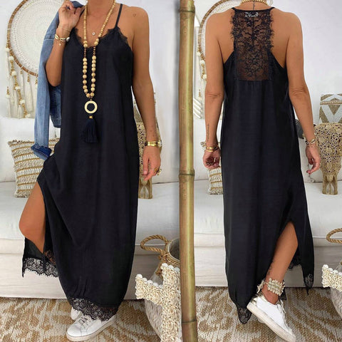 Sexy Black Lace Patchwork Strap Dress V Neck Sleeveless Side Split Women Summer Dresses Beach Maxi Dress Loose Robe Femme  #YY