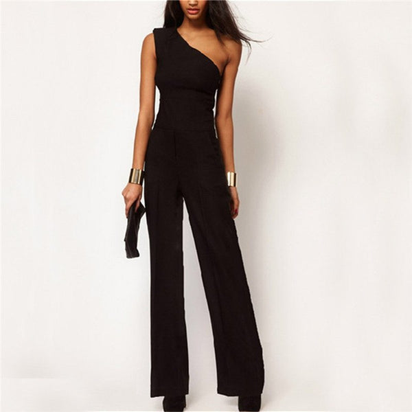 Sexy Black Rompers 2022 Spring Women Jumpsuit One Shoulder Off Ladies Casual Sleeveless Long Playsuits Overalls Wide Leg Pants L