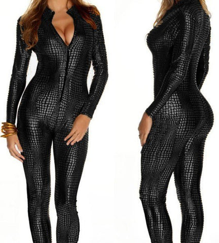 Sexy Black Wet Look Snake Jumpsuit PVC Latex Catsuit Nightclub DS Costumes Women Bodysuits Fetish Patent Leather Game Uniforms