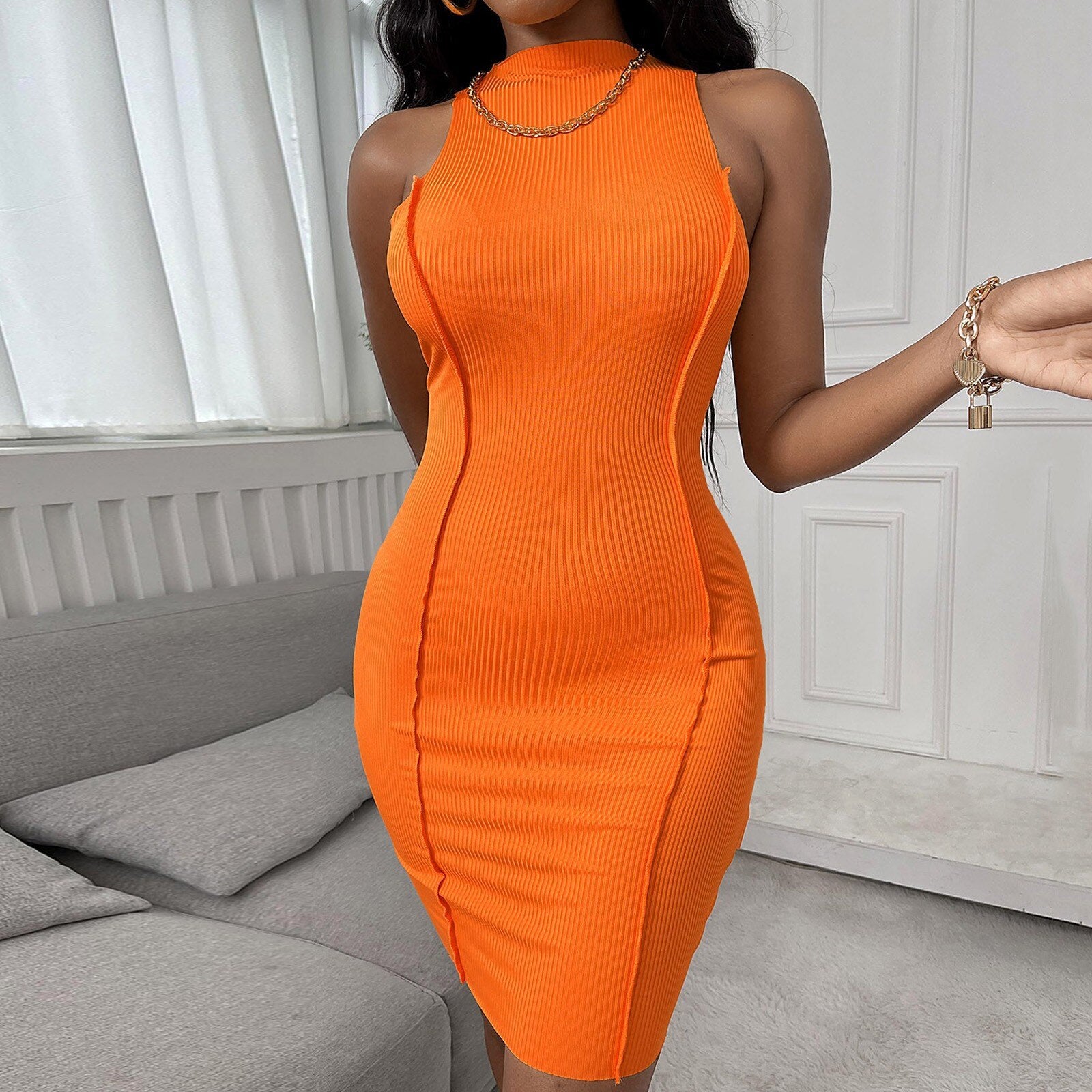 Sexy Bodycon Dress Women's Knitted Solid Color Round Neck Sleeveless B