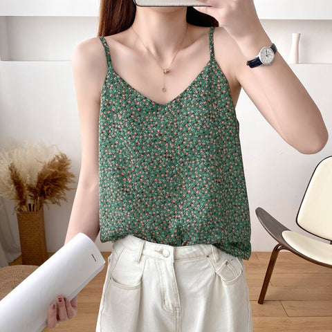 Sexy Chiffon Camisole Women's Clothing Summer Loose Floral Shirts Top Cute Girls Clothes D1863