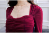 Sexy&Club Red Wine Square Collar Sheath Dresses Women Autumn Super Elastic Fold Three Quarter Sleeve Slim Package hip Dress