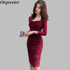 Sexy&Club Red Wine Square Collar Sheath Dresses Women Autumn Super Elastic Fold Three Quarter Sleeve Slim Package hip Dress