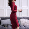Sexy&Club Red Wine Square Collar Sheath Dresses Women Autumn Super Elastic Fold Three Quarter Sleeve Slim Package hip Dress