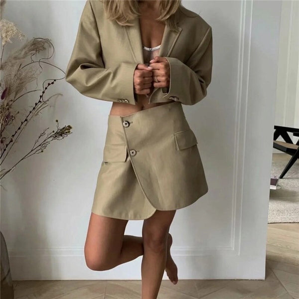 Sexy Copped Blazer 2 Piece Set Empire Split Skirts Set Dress Suit Women Single Button Blazer Empire Solid Skirts Summer Korean