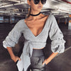 Sexy Criss Cross Bandage Wrap Tops Women Long Puff Sleeve V Neck Shirt Blouse 2022 Autumn Bow Tie Slim Crop Top Blusas