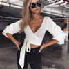 Sexy Criss Cross Bandage Wrap Tops Women Long Puff Sleeve V Neck Shirt Blouse 2022 Autumn Bow Tie Slim Crop Top Blusas