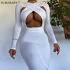 Sexy Criss-Cross Hollow Out High Elastic Skinny Midi Dress Autumn Winter Women Casual V Neck Long Sleeve White Bodycon Dress