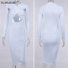 Sexy Criss-Cross Hollow Out High Elastic Skinny Midi Dress Autumn Winter Women Casual V Neck Long Sleeve White Bodycon Dress